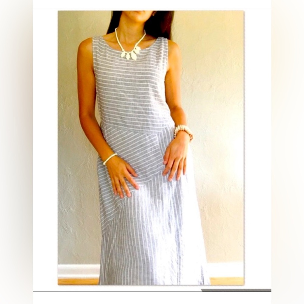 J. Jill 100% Linen Asymmetric Grey White striped Maxi Dress pockets PM EUC - Picture 3 of 16